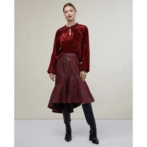 Rachel Parcell Jacquard Floral High Low Ruffle Hem Skirt Burgundy Gray Sz 8